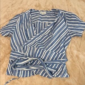 Max Studio Striped Wrap Blouse in Blue and White
